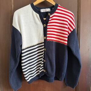 90s Vintage KAREN SCOTT Patriotic Whimsical Red White and Blue Cardigan | Small